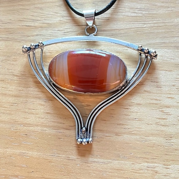 New Large Unique Orange Sardonyx Agate Silver Overlay Stone Pendant Necklace - Picture 2 of 9